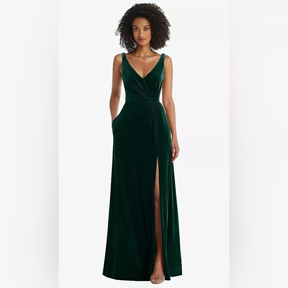 Velvet bridesmaid dress with front slit in evergreen (style TH085)